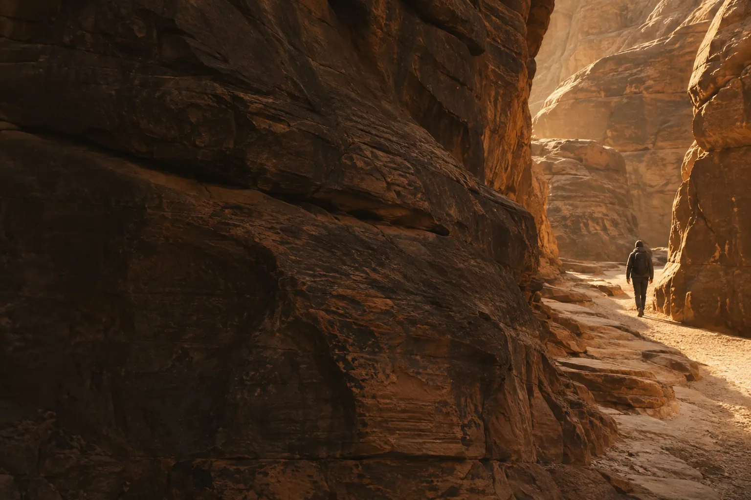 Illustrative walker photograph on a sandstone path in warm afternoon light.